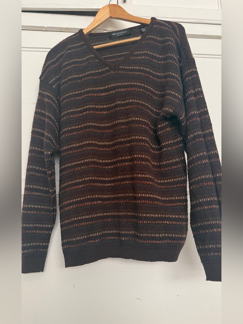 Brandini Men's Dark Brown V-Neck Striped Knit Sweater